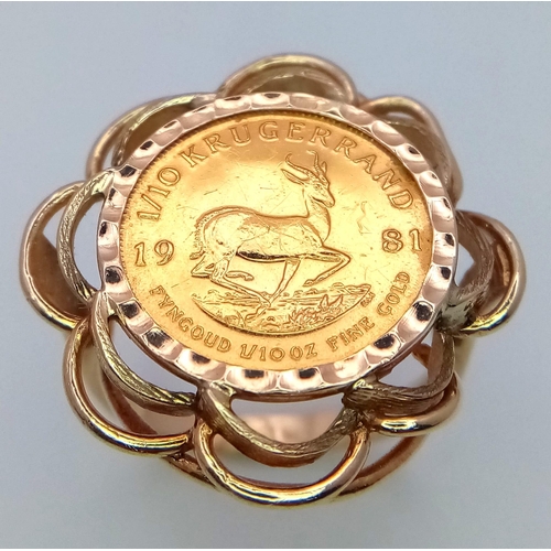 317 - A 1/10 Ounce Krugerrand Ring 1981 - Set in 9K Gold. Size Q. 
6.76g total weight.