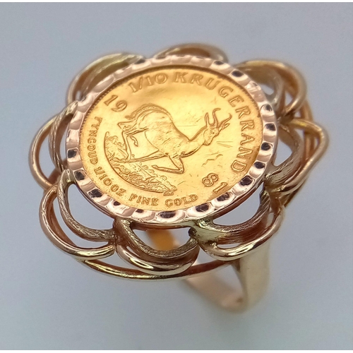 317 - A 1/10 Ounce Krugerrand Ring 1981 - Set in 9K Gold. Size Q. 
6.76g total weight.