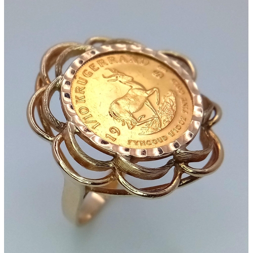 317 - A 1/10 Ounce Krugerrand Ring 1981 - Set in 9K Gold. Size Q. 
6.76g total weight.