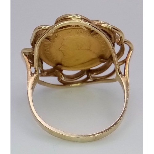 317 - A 1/10 Ounce Krugerrand Ring 1981 - Set in 9K Gold. Size Q. 
6.76g total weight.