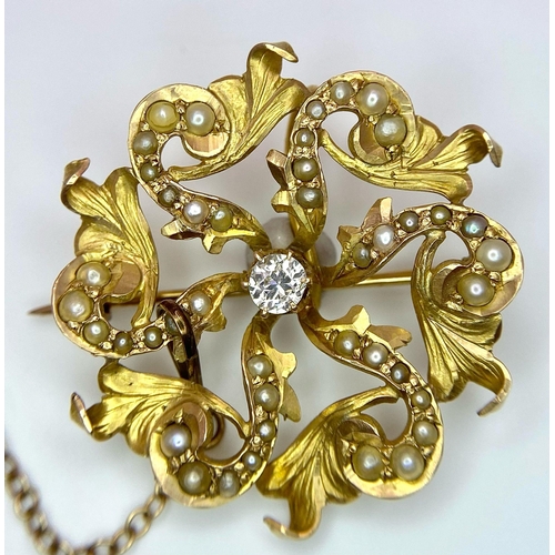 51 - An Antique 10K Yellow Gold Diamond and Seed Pearl Brooch.
0.25ct brilliant round cut diamond amidst ... 