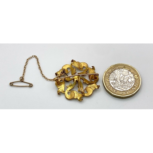 51 - An Antique 10K Yellow Gold Diamond and Seed Pearl Brooch.
0.25ct brilliant round cut diamond amidst ... 