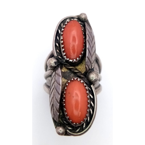 520 - A Vintage Native American Indian Silver and Red Coral Ring. Size N. 12.73g weight.