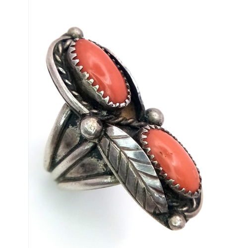 520 - A Vintage Native American Indian Silver and Red Coral Ring. Size N. 12.73g weight.