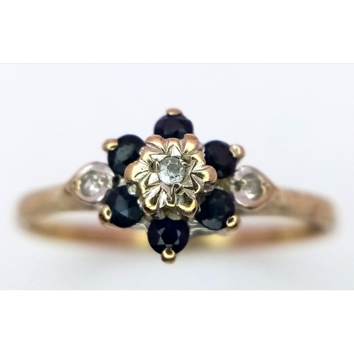 528 - A Vintage 9K Yellow Gold, Sapphire and Diamond Ring. Size O. 1.35g total weight.