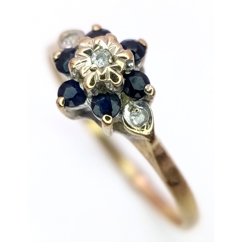 528 - A Vintage 9K Yellow Gold, Sapphire and Diamond Ring. Size O. 1.35g total weight.