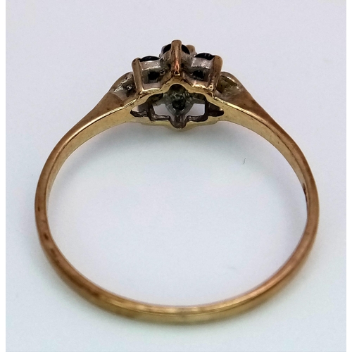 528 - A Vintage 9K Yellow Gold, Sapphire and Diamond Ring. Size O. 1.35g total weight.