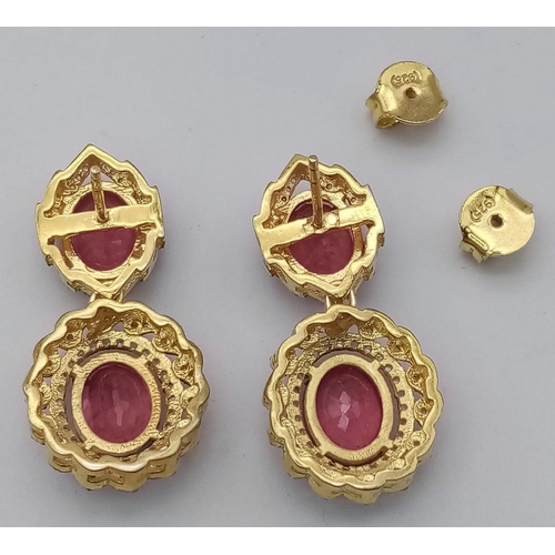 1304 - A Pair of Ruby and Diamond Gemstone Dangler Earrings set in Gilded 925 Silver. Ruby - 15ctw and Diam... 