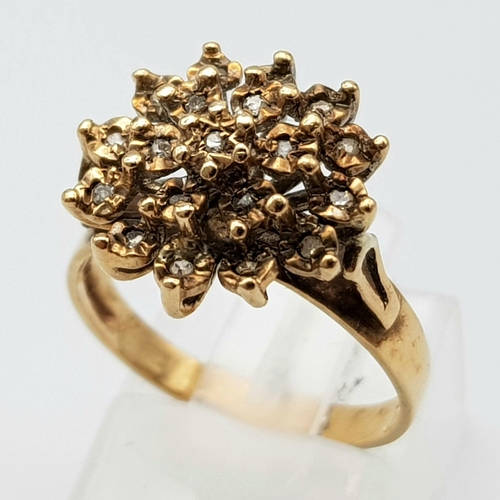 1327 - A Vintage 9K Yellow Gold White Stone Cluster Ring. Size L. 2.85g total weight.