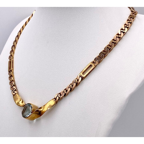 135 - A Vintage 9K Gold Figaro Link Lavaliere Necklace. Twisted crossover with 5ct aquamarine gemstone. 40... 