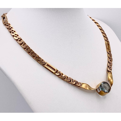 135 - A Vintage 9K Gold Figaro Link Lavaliere Necklace. Twisted crossover with 5ct aquamarine gemstone. 40... 