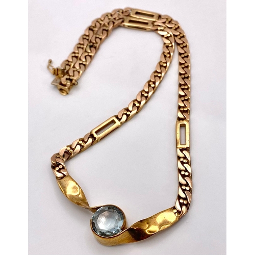 135 - A Vintage 9K Gold Figaro Link Lavaliere Necklace. Twisted crossover with 5ct aquamarine gemstone. 40... 