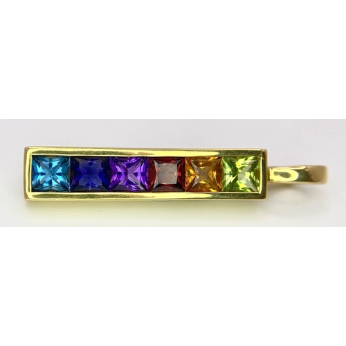 561 - An 18K Yellow Gold Multi-Gemstone Bar Brooch. Peridot, Citrine, Ruby, amethyst, sapphire and topaz! ... 