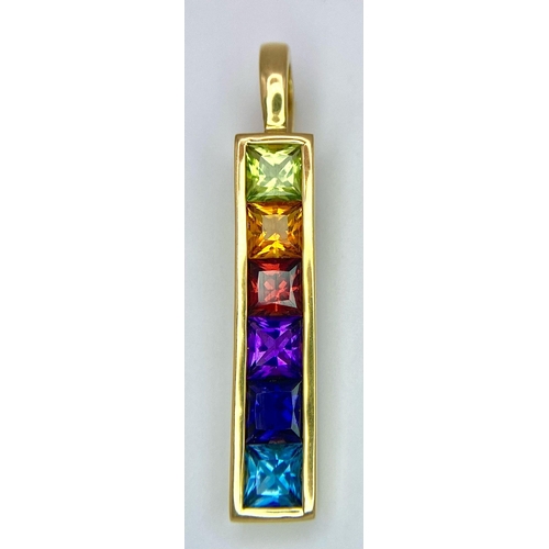 561 - An 18K Yellow Gold Multi-Gemstone Bar Brooch. Peridot, Citrine, Ruby, amethyst, sapphire and topaz! ... 