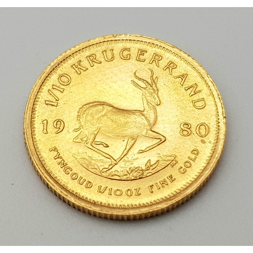 981 - A 1/10 Ounce 22k Gold Krugerrand Coin.