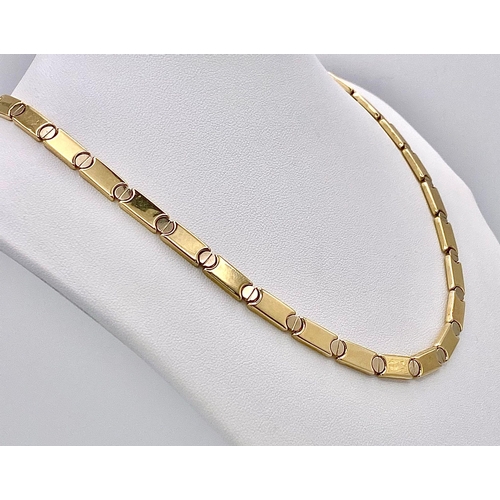 121 - A 14k Yellow Gold Articulated Bar-Link Necklace. Stylish links with screw-esque spacers. 42cm length... 