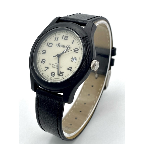 1390 - An Ingersoll Quartz Unisex Watch. Black leather strap. Case - 38mm. White dial with date window. In ... 