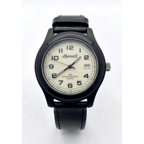 1390 - An Ingersoll Quartz Unisex Watch. Black leather strap. Case - 38mm. White dial with date window. In ... 