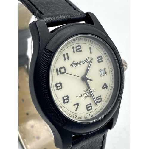 1390 - An Ingersoll Quartz Unisex Watch. Black leather strap. Case - 38mm. White dial with date window. In ... 