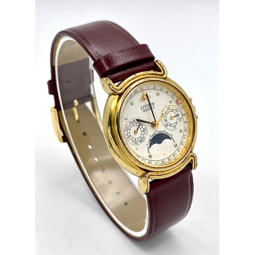 1472 - A Citizen Quartz Moonphase Unisex Watch. Burgundy leather strap. Gilded case - 33mm. In working orde... 