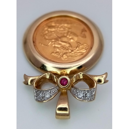 337 - A 22K Gold 2003 Half Sovereign in a Ruby and Diamond Pendant Setting. 4cm. 9.73g total weight.