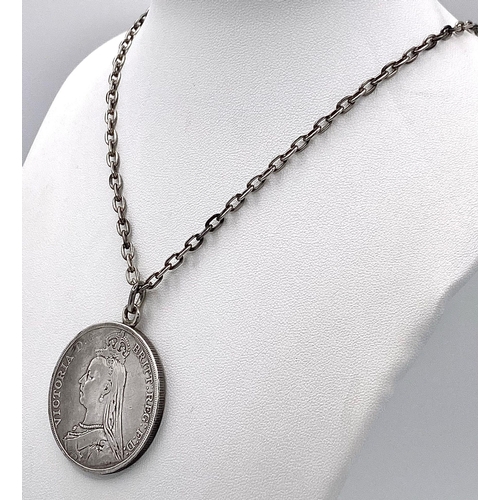 359 - An 1891 Queen Victoria Silver Crown in a Pendant Setting on a Sterling Silver Chain. 41.21g total we... 