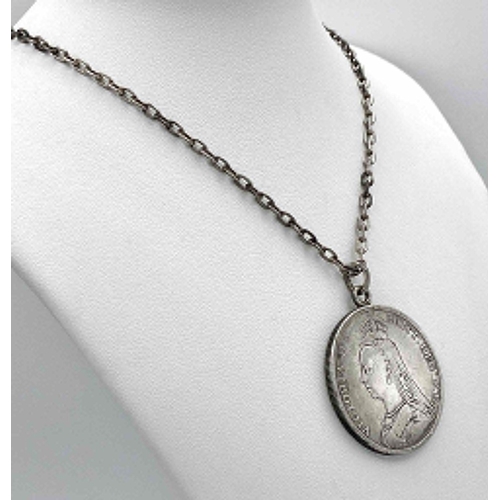 359 - An 1891 Queen Victoria Silver Crown in a Pendant Setting on a Sterling Silver Chain. 41.21g total we... 