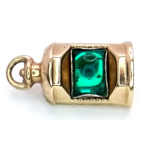 493 - A Vintage 9K Yellow Gold Green Lantern Pendant/Charm. 2cm. 1.5g weight.