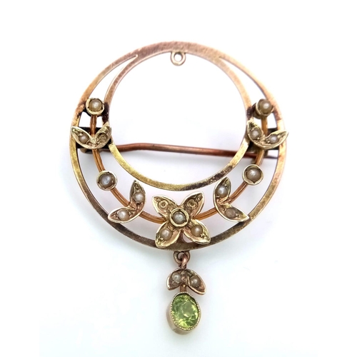 507 - An Antique Edwardian Mid-Karat Gold Decorative Floral Pendant with Seed Pearl and Peridot Decoration... 