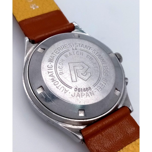 785 - A Vintage Ricoh 21 Jewels Automatic Gents Watch. Brown leather strap. Stainless steel case - 36mm. T... 