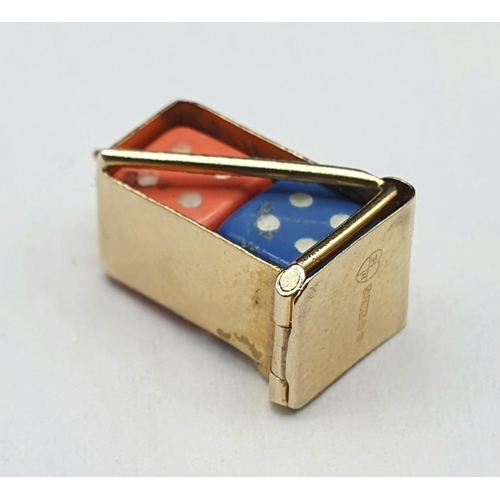 1256 - A 9K Yellow Gold Lucky Dice Case Pendant/Charm. 2cm. 1.65g total weight.