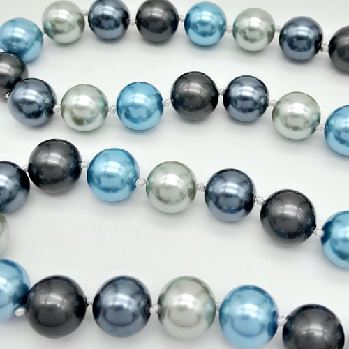 815 - A Blue and Shades of Metallic Silver Tone South Sea Pearl Shell Necklace. 12mm beads. 44cm length.