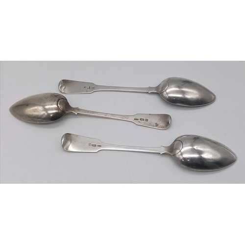 1292 - Three Antique (1848 marked)) Silver (tests as) Large Serving Spoons. 21cm length. 214g total weight.