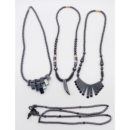 1433 - Four Different Style Hematite Necklaces. 3 x 42cm. 1 x 58cm.