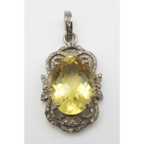 933 - An Oval Faceted Lemon Quartz and Diamond Art Deco Style Pendant set in 925 Silver. 4cm. Weight - 7.5... 