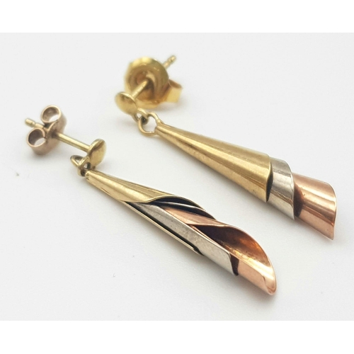 1503 - A Pair of 9K Tri Colour Gold Coronet Drop Earrings. 3cm. 2.1g weight.