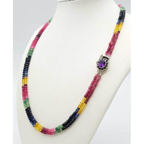 73 - A Multi Sapphire Gemstone Two Strands Necklace with an Amethyst 925 Silver Clasp. Small rondelle sap... 