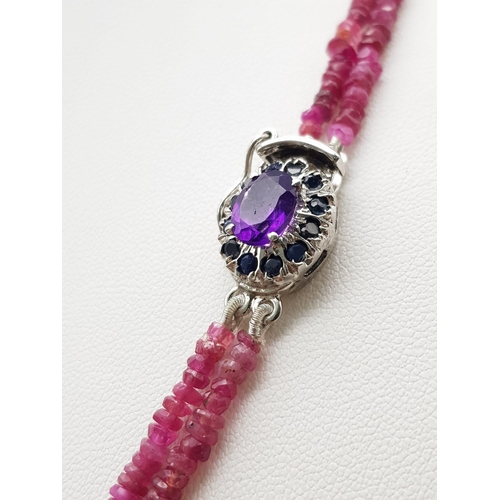 73 - A Multi Sapphire Gemstone Two Strands Necklace with an Amethyst 925 Silver Clasp. Small rondelle sap... 