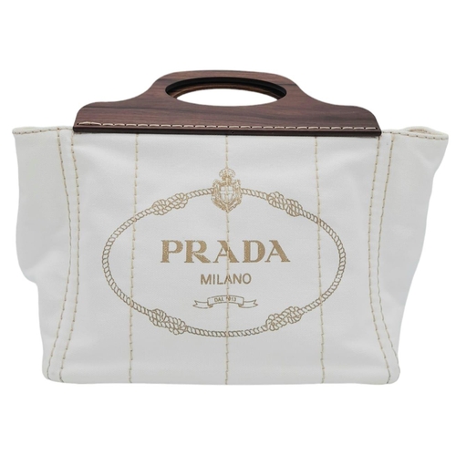 1040 - A Prada White Exteriors with Brown Wooden Handle Logo-printed Striped Tote Bag. Vertical Stitching, ... 