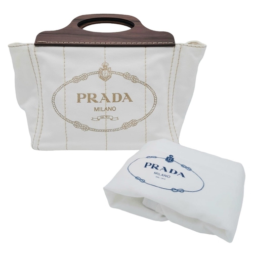 1040 - A Prada White Exteriors with Brown Wooden Handle Logo-printed Striped Tote Bag. Vertical Stitching, ... 