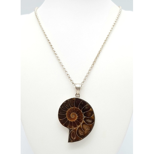 1045 - An Ammonite Gemstone Pendant set in 925 silver with a 925 Silver Chain. Weight - 37 gm. Pendant -6cm... 