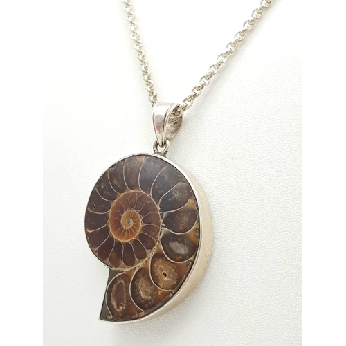 1045 - An Ammonite Gemstone Pendant set in 925 silver with a 925 Silver Chain. Weight - 37 gm. Pendant -6cm... 