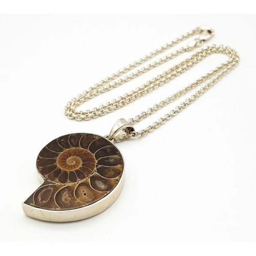 1045 - An Ammonite Gemstone Pendant set in 925 silver with a 925 Silver Chain. Weight - 37 gm. Pendant -6cm... 