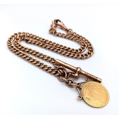 136 - An Antique 9K Rose Gold Albert Chain with Spinning Fob Gold (900 purity) 10 Franc Coin. 45cm length.... 