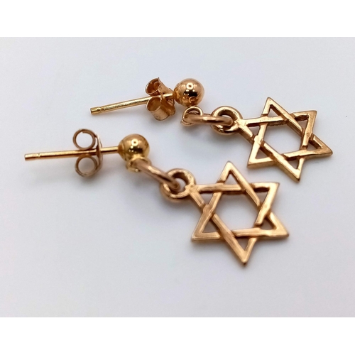 1504 - A Pair of 9K Yellow Gold Star of David Earrings. 1.15g weight.