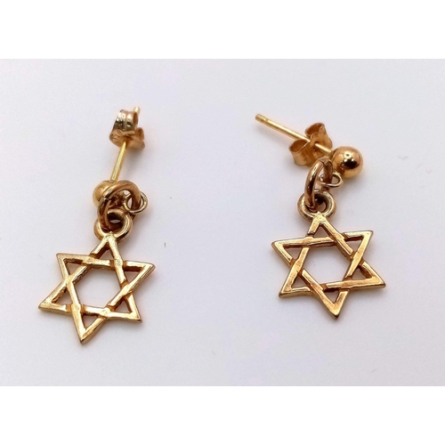 1504 - A Pair of 9K Yellow Gold Star of David Earrings. 1.15g weight.