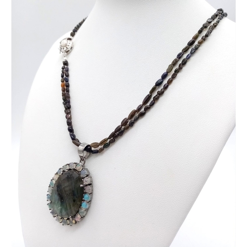 261 - An Ethiopian Black Opal Bead Necklace with a Labradorite 925 Silver Pendant with White Fire Opal Sto... 