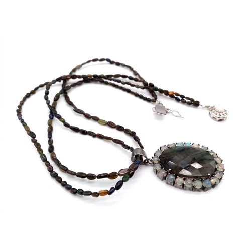 261 - An Ethiopian Black Opal Bead Necklace with a Labradorite 925 Silver Pendant with White Fire Opal Sto... 