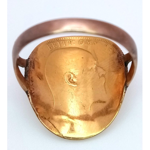 492 - What Appears to be a Flattened 22k Gold Half Sovereign on a 9k Ring Setting. Size R. 8.03g total wei... 