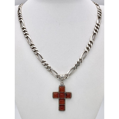 533 - A Vintage Amber Cross Silver Pendant on a 925 Figaro Link Silver Chain. 4cm pendant and 54cm necklac... 